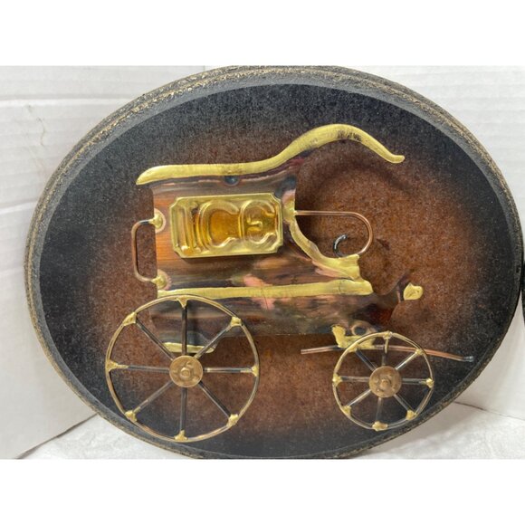 Vintage Brass Horse Carriage & Ice Wagon Wall Plaques On Rustic Brown Background - Picture 2 of 6